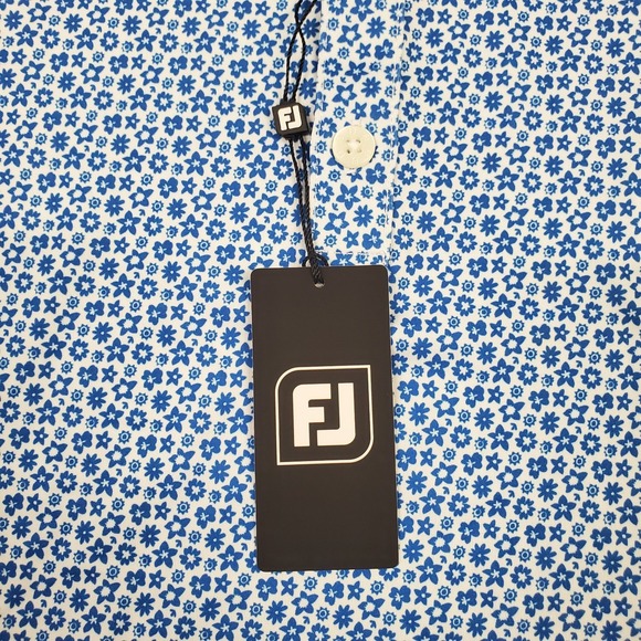 FJ FootJoy Allover Floral Lisle Polo shirt Large Marine White PGA Golf Club - Picture 4 of 12